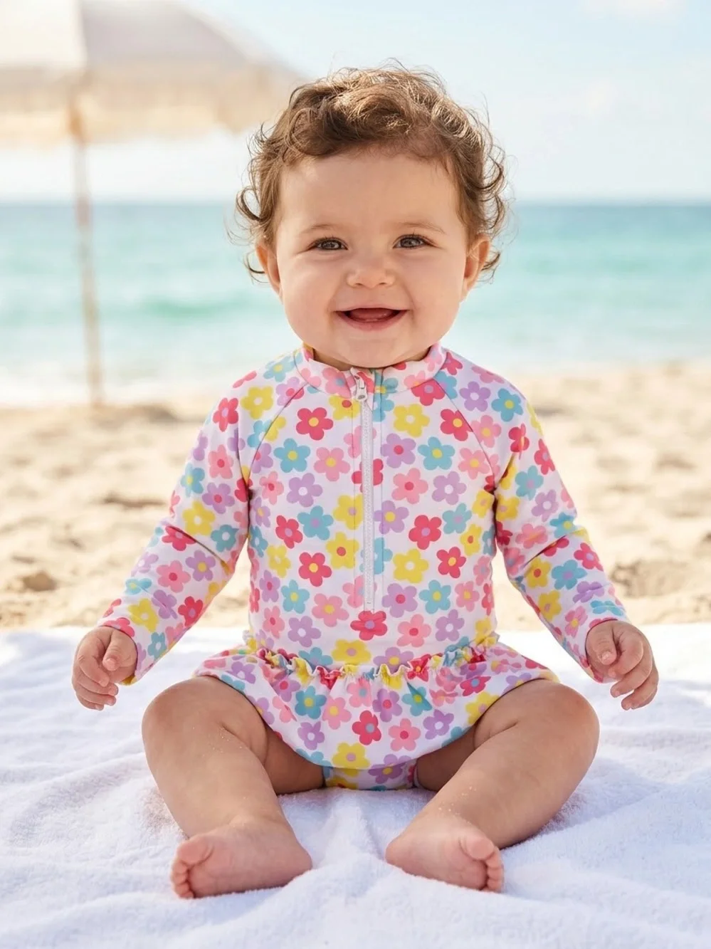 Kids Floral Long-Sleeve Ruffle One-Piece Swimsuit - 6-9 months